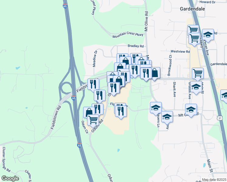 map of restaurants, bars, coffee shops, grocery stores, and more near 659 Fieldstown Road in Gardendale