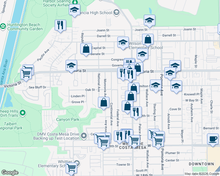 map of restaurants, bars, coffee shops, grocery stores, and more near 2093 Continental Avenue in Costa Mesa