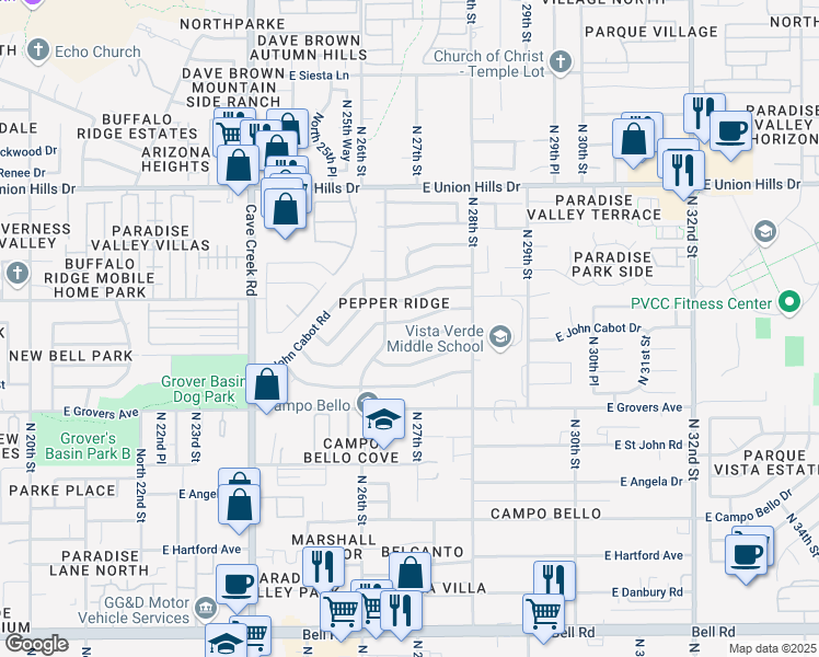 map of restaurants, bars, coffee shops, grocery stores, and more near 2708 East Villa Rita Drive in Phoenix