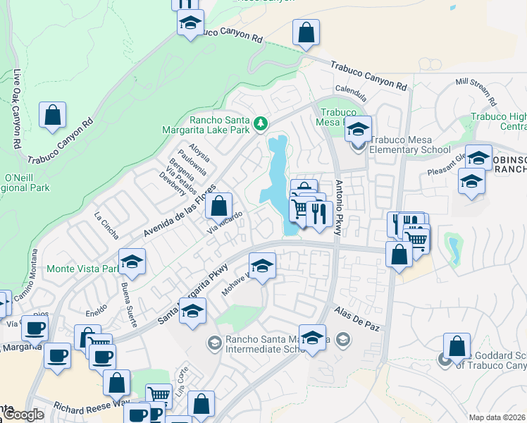 map of restaurants, bars, coffee shops, grocery stores, and more near in Rancho Santa Margarita