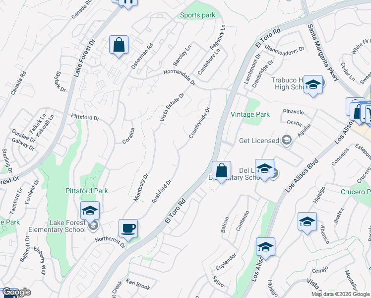 map of restaurants, bars, coffee shops, grocery stores, and more near 21492 Countryside Drive in Lake Forest