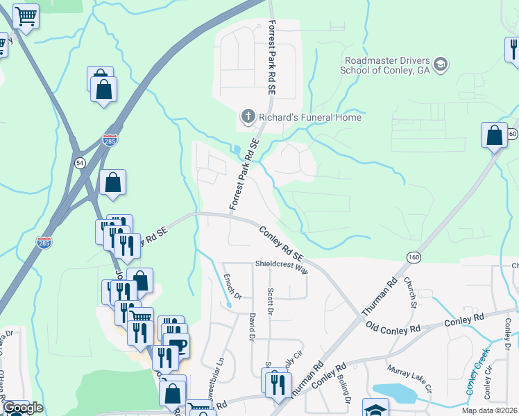 map of restaurants, bars, coffee shops, grocery stores, and more near 1066 Forest Valley Drive Southeast in Atlanta