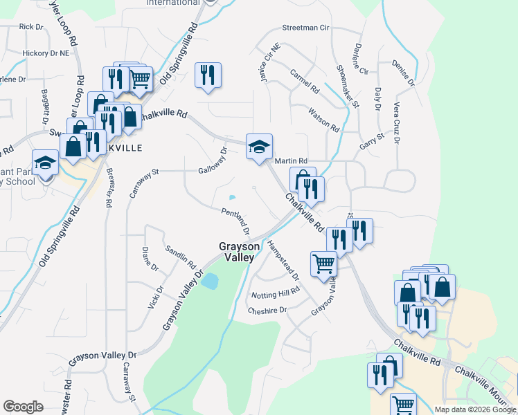 map of restaurants, bars, coffee shops, grocery stores, and more near 2350 Grayson Valley Circle in Birmingham