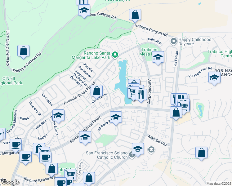 map of restaurants, bars, coffee shops, grocery stores, and more near 213 Montana Del Lago Drive in Rancho Santa Margarita