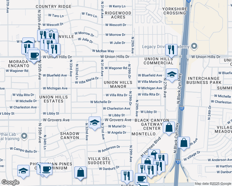 map of restaurants, bars, coffee shops, grocery stores, and more near 2953 West Michigan Avenue in Phoenix