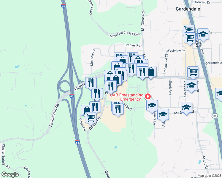 map of restaurants, bars, coffee shops, grocery stores, and more near 659 Fieldstown Road in Gardendale