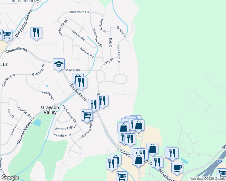 map of restaurants, bars, coffee shops, grocery stores, and more near 5096 Falling Creek Lane in Birmingham