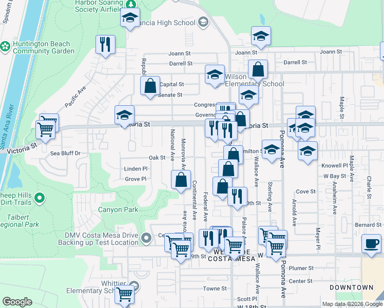 map of restaurants, bars, coffee shops, grocery stores, and more near 2093 Continental Avenue in Costa Mesa