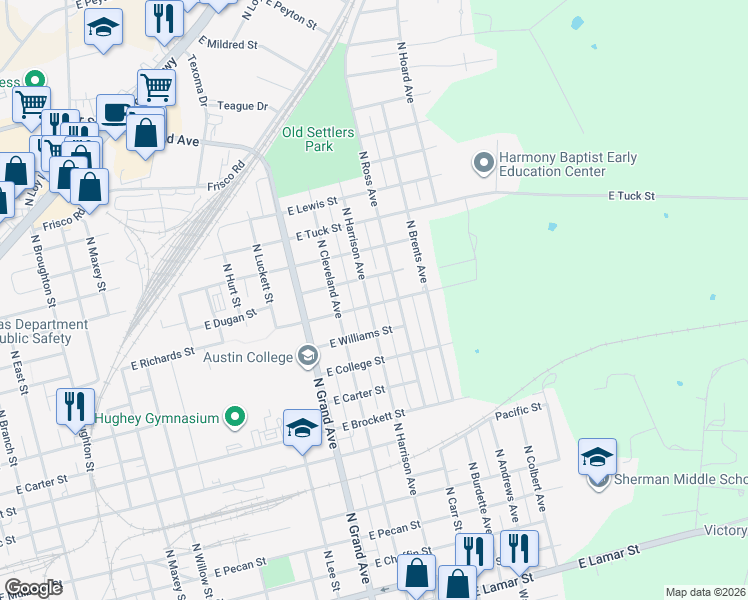 map of restaurants, bars, coffee shops, grocery stores, and more near 1109 North Harrison Avenue in Sherman