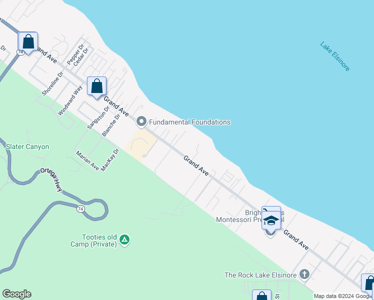 map of restaurants, bars, coffee shops, grocery stores, and more near 16482 Grand Avenue in Lake Elsinore