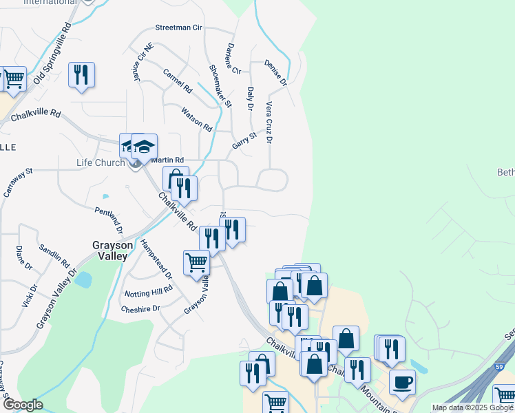 map of restaurants, bars, coffee shops, grocery stores, and more near 5100 Falling Creek Lane in Birmingham