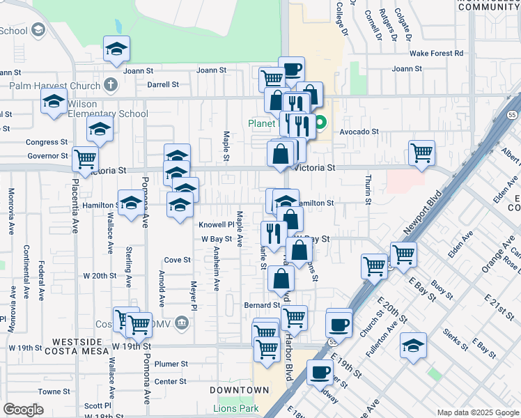 map of restaurants, bars, coffee shops, grocery stores, and more near 535 Hamilton Street in Costa Mesa