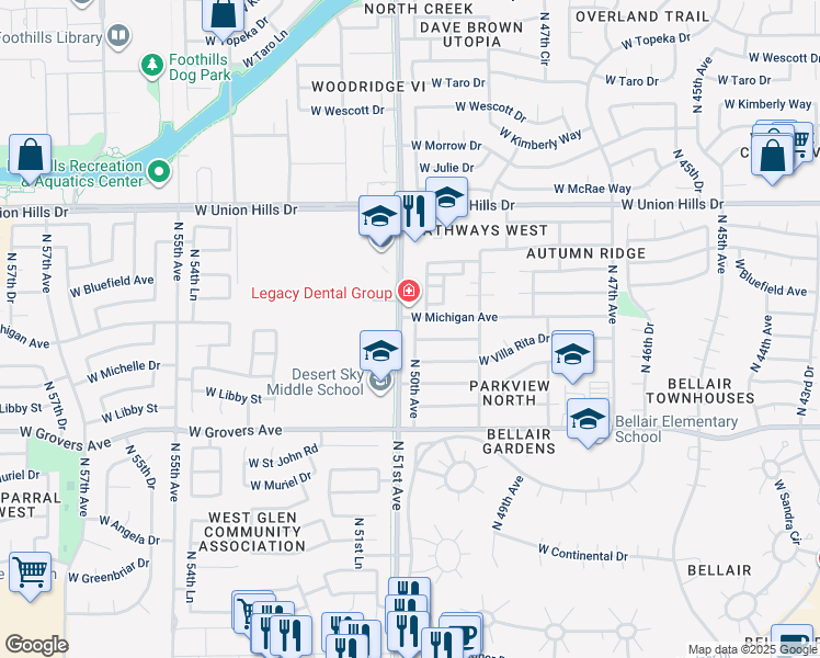 map of restaurants, bars, coffee shops, grocery stores, and more near 18054 North 50th Avenue in Glendale