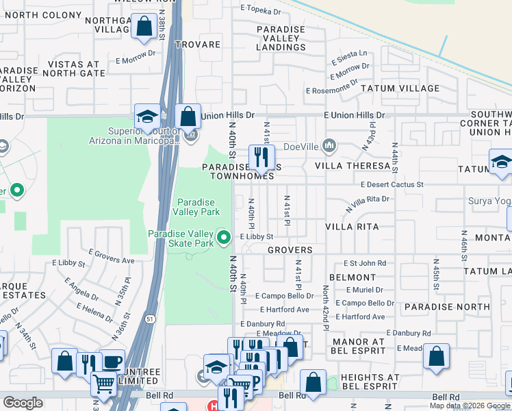 map of restaurants, bars, coffee shops, grocery stores, and more near 18026 North 41st Street in Phoenix