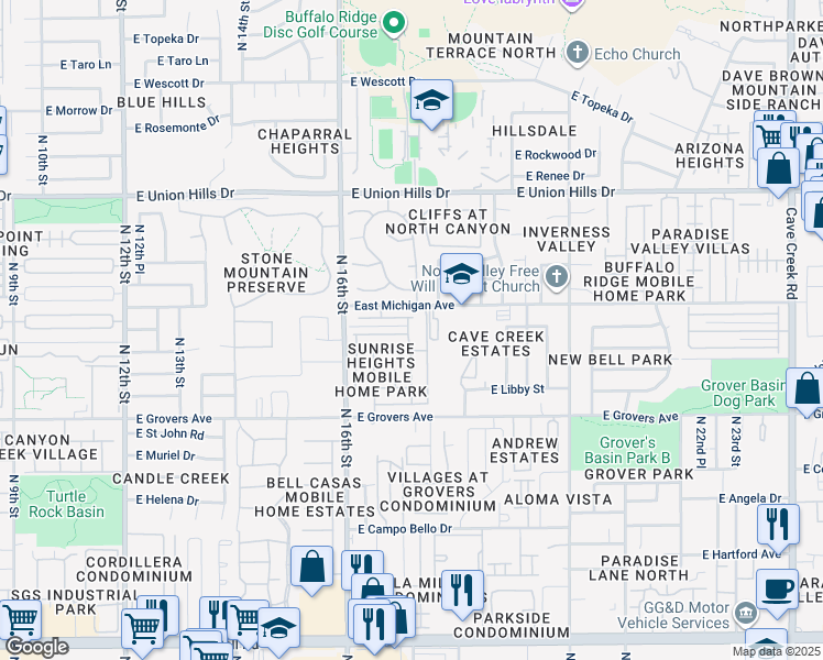 map of restaurants, bars, coffee shops, grocery stores, and more near 1716 East Villa Rita Drive in Phoenix