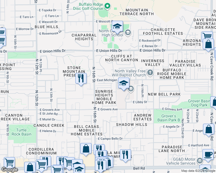 map of restaurants, bars, coffee shops, grocery stores, and more near 1628 East Villa Rita Drive in Phoenix