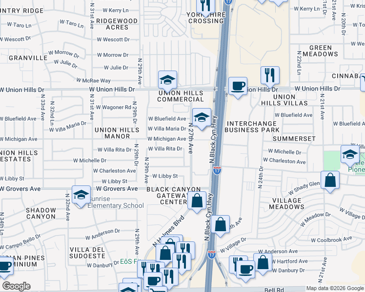 map of restaurants, bars, coffee shops, grocery stores, and more near 2709 West Michigan Avenue in Phoenix