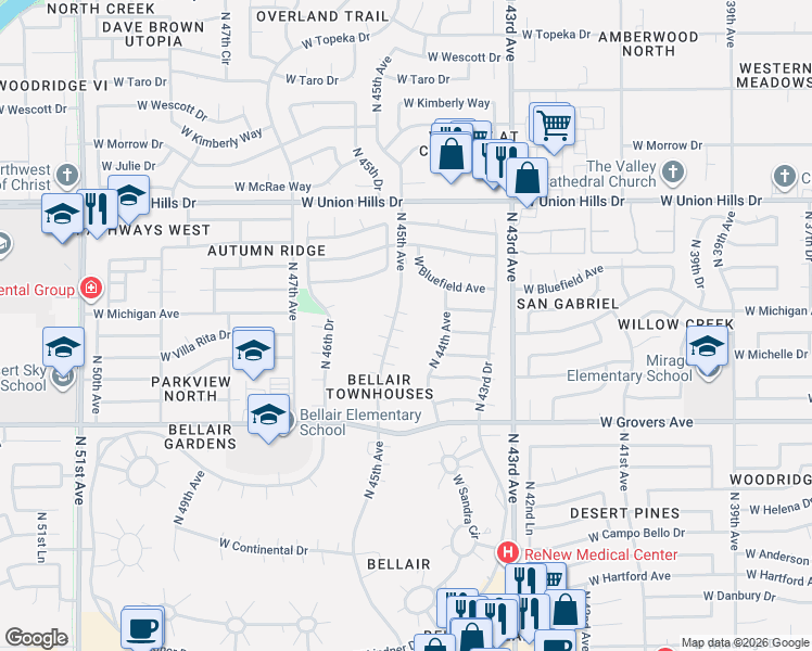map of restaurants, bars, coffee shops, grocery stores, and more near 18212 North 45th Avenue in Glendale