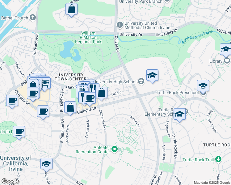 map of restaurants, bars, coffee shops, grocery stores, and more near 43 Oxford in Irvine