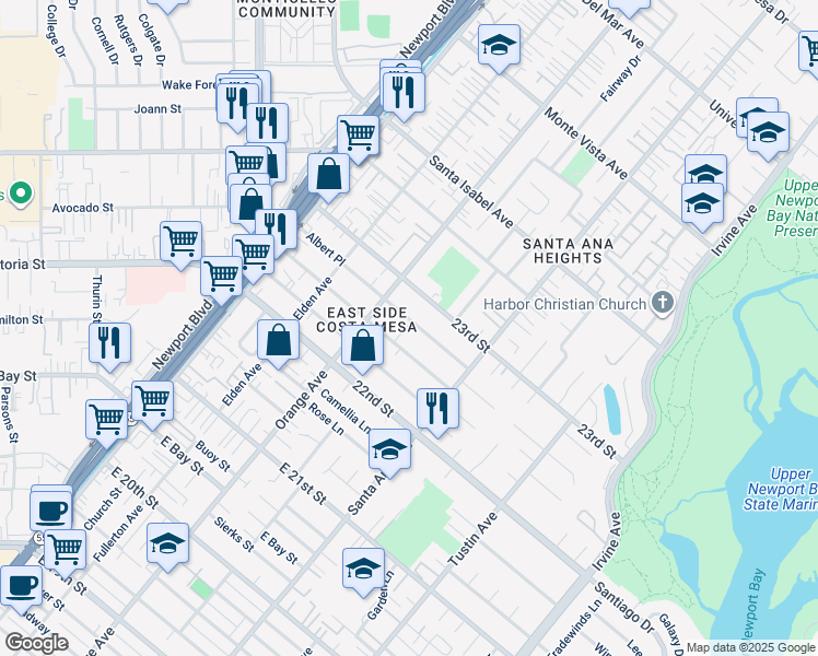 map of restaurants, bars, coffee shops, grocery stores, and more near 230 Albert Place in Costa Mesa