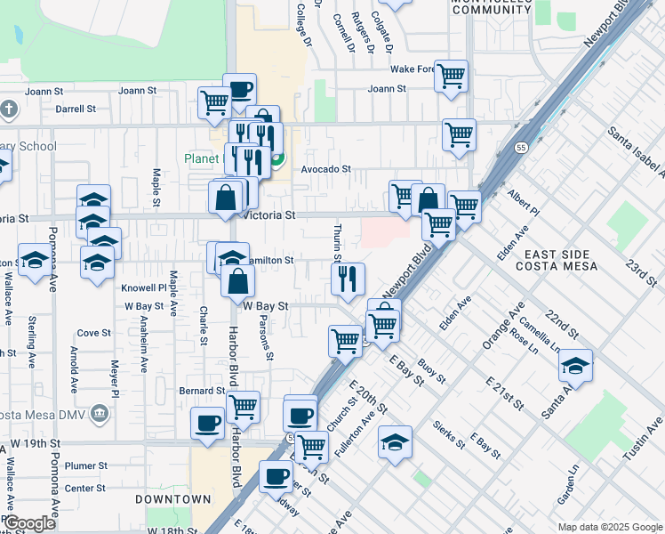 map of restaurants, bars, coffee shops, grocery stores, and more near 364 Hamilton Street in Costa Mesa