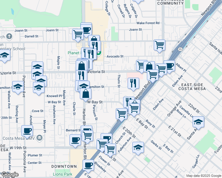 map of restaurants, bars, coffee shops, grocery stores, and more near 364 Hamilton Street in Costa Mesa