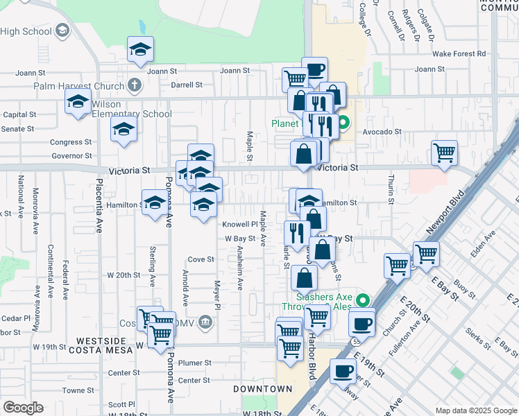 map of restaurants, bars, coffee shops, grocery stores, and more near 574 Hamilton Street in Costa Mesa