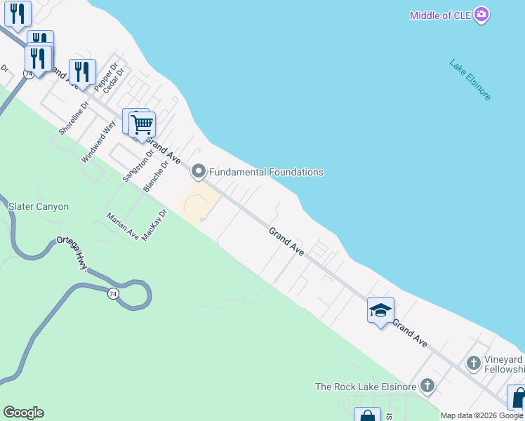 map of restaurants, bars, coffee shops, grocery stores, and more near 16482 Grand Avenue in Lake Elsinore