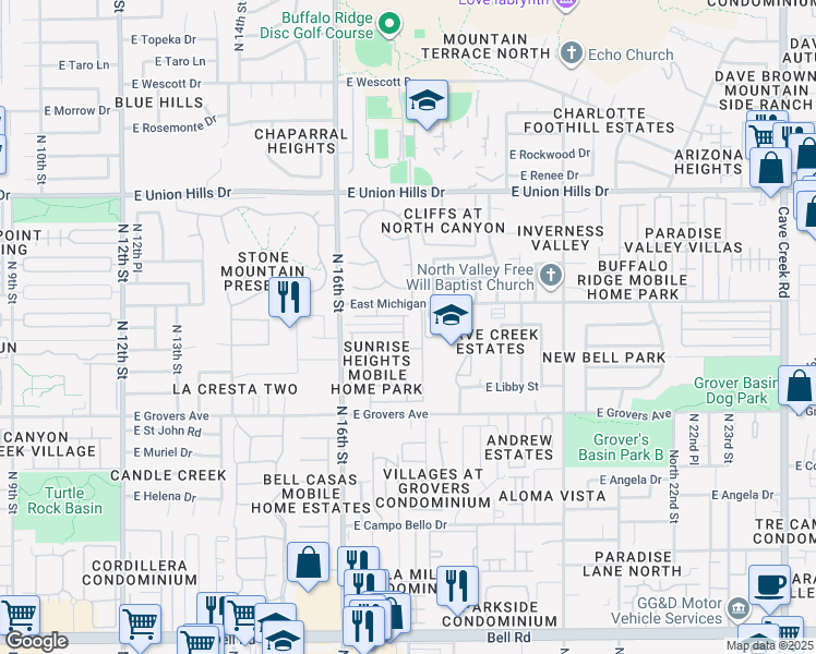 map of restaurants, bars, coffee shops, grocery stores, and more near 1716 East Villa Rita Drive in Phoenix