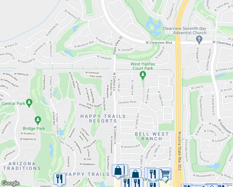 map of restaurants, bars, coffee shops, grocery stores, and more near 18230 North 170th Lane in Surprise