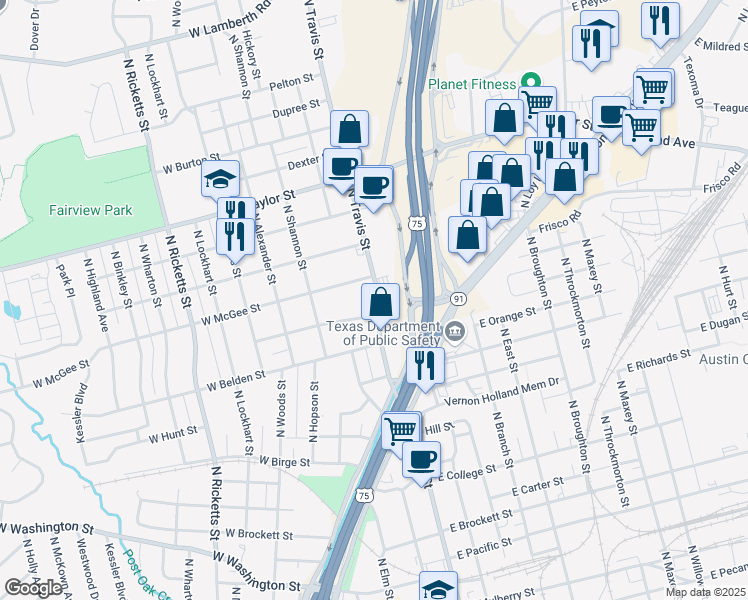 map of restaurants, bars, coffee shops, grocery stores, and more near 100 North Travis Court in Sherman