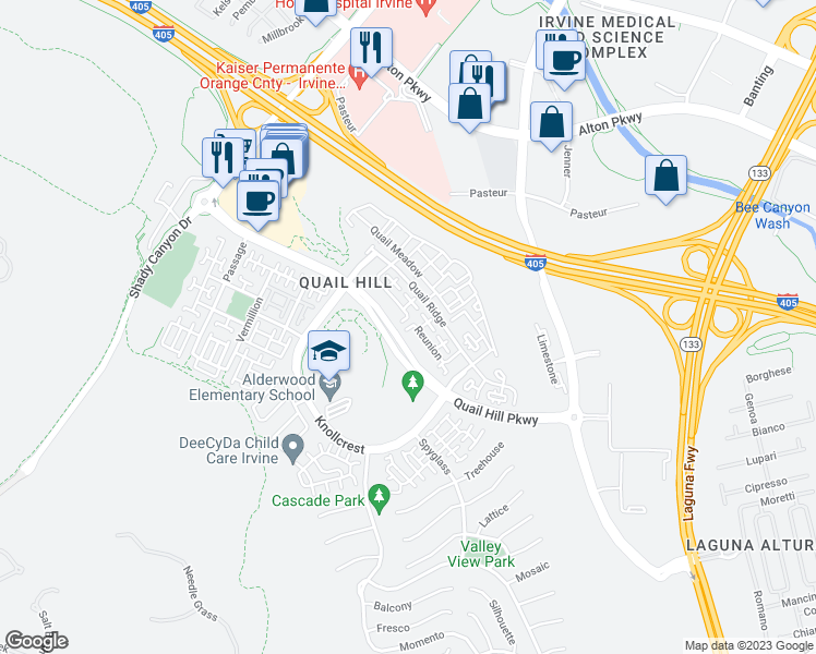 map of restaurants, bars, coffee shops, grocery stores, and more near 122 Reunion in Irvine