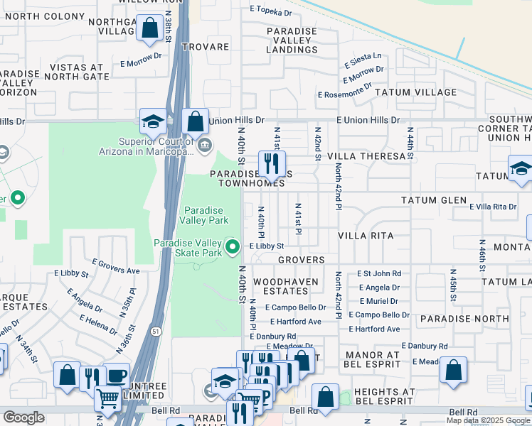map of restaurants, bars, coffee shops, grocery stores, and more near 18026 North 41st Street in Phoenix