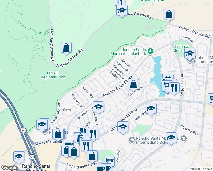 map of restaurants, bars, coffee shops, grocery stores, and more near 33 Desert Thorn in Rancho Santa Margarita