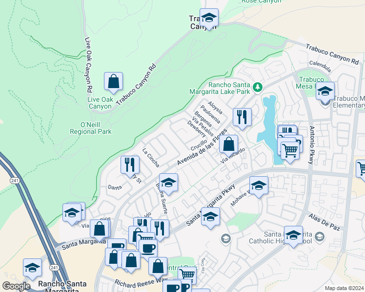 map of restaurants, bars, coffee shops, grocery stores, and more near 33 Desert Thorn in Rancho Santa Margarita