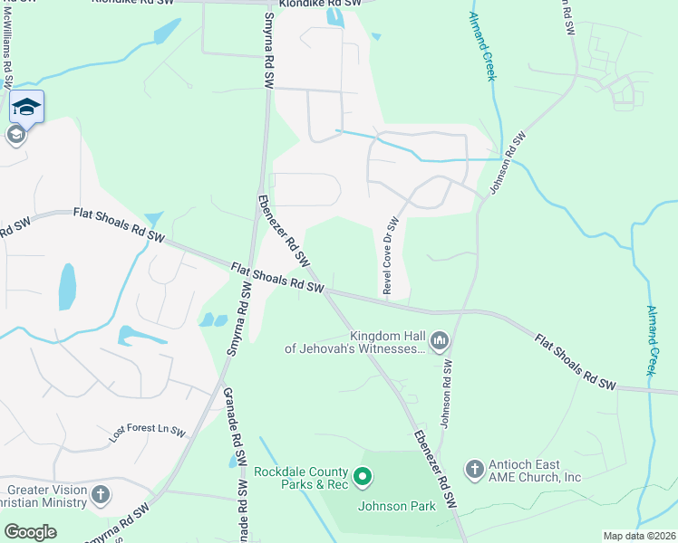 map of restaurants, bars, coffee shops, grocery stores, and more near 1801 Flat Shoals Road Southwest in Conyers