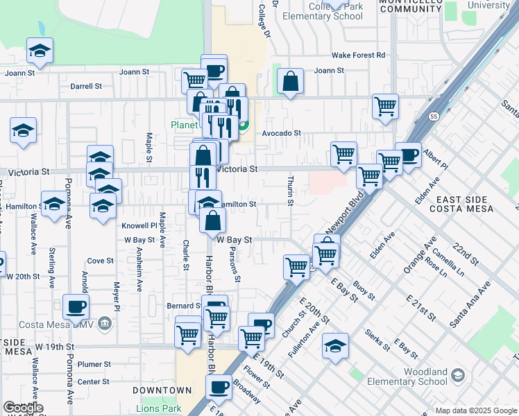 map of restaurants, bars, coffee shops, grocery stores, and more near 393 Hamilton Street in Costa Mesa