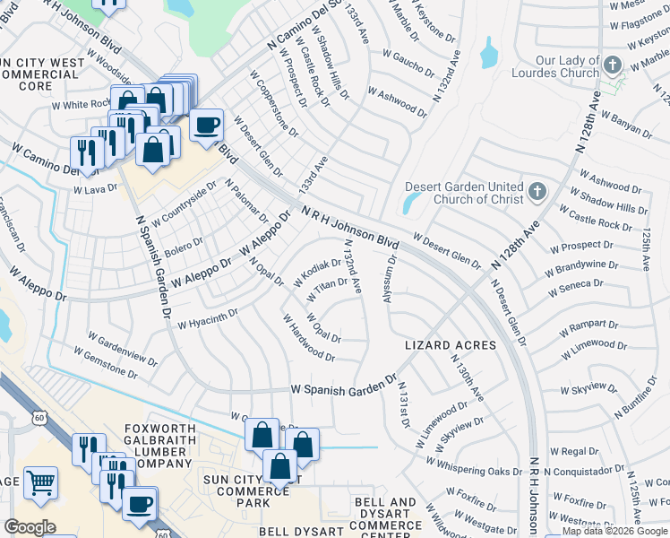 map of restaurants, bars, coffee shops, grocery stores, and more near 13206 West Kodiak Drive in Sun City West