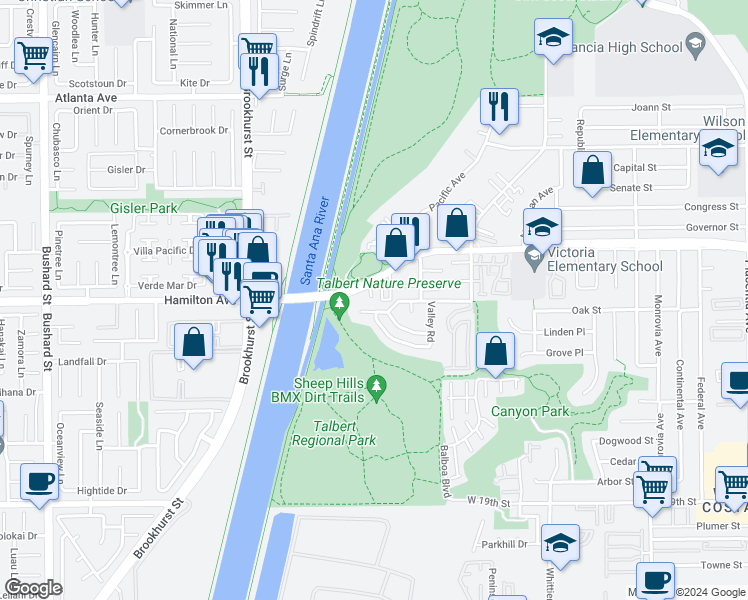 map of restaurants, bars, coffee shops, grocery stores, and more near 1269 Westreef in Costa Mesa