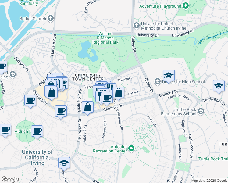map of restaurants, bars, coffee shops, grocery stores, and more near 46 Exeter in Irvine