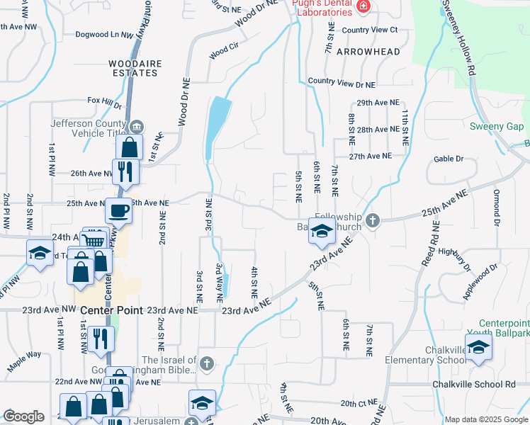 map of restaurants, bars, coffee shops, grocery stores, and more near 333 25th Avenue Northeast in Center Point