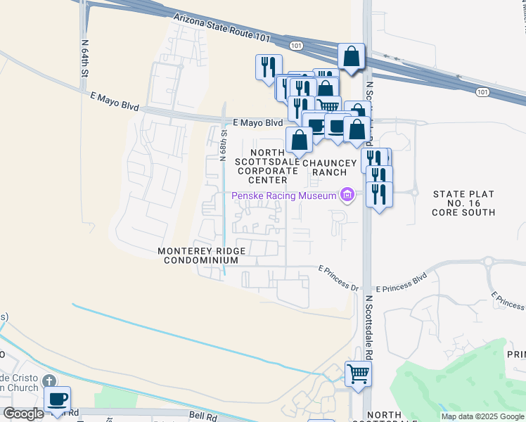 map of restaurants, bars, coffee shops, grocery stores, and more near 6901 East Chauncey Lane in Phoenix