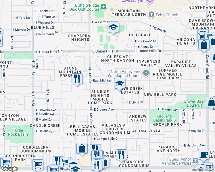 map of restaurants, bars, coffee shops, grocery stores, and more near 1716 East Villa Rita Drive in Phoenix