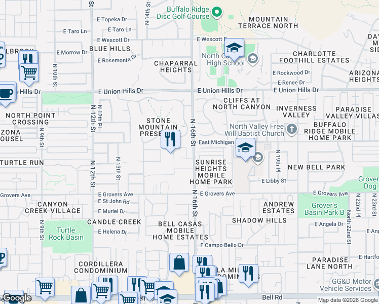 map of restaurants, bars, coffee shops, grocery stores, and more near 18039 North 15th Place in Phoenix