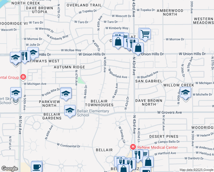map of restaurants, bars, coffee shops, grocery stores, and more near 18210 North 45th Avenue in Glendale