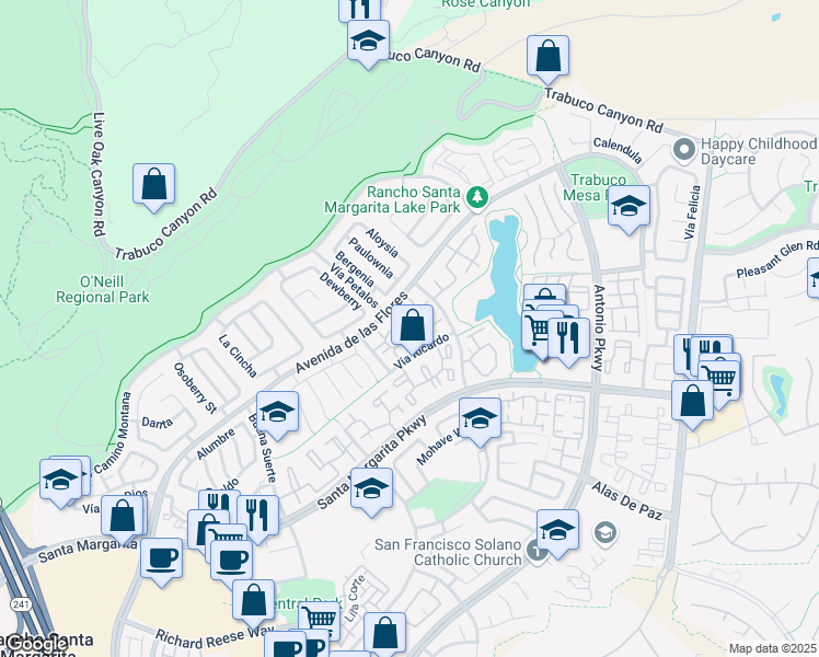 map of restaurants, bars, coffee shops, grocery stores, and more near 1 Arboles Loop in Rancho Santa Margarita