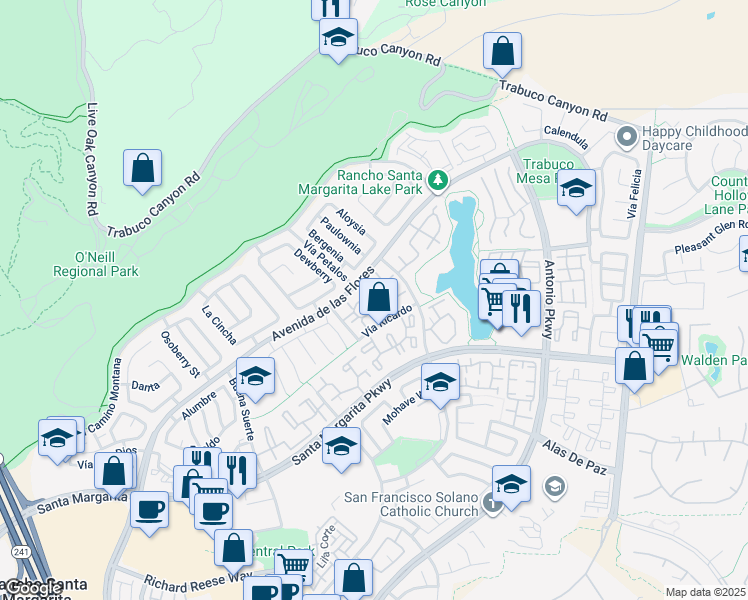 map of restaurants, bars, coffee shops, grocery stores, and more near 1 Arboles Loop in Rancho Santa Margarita