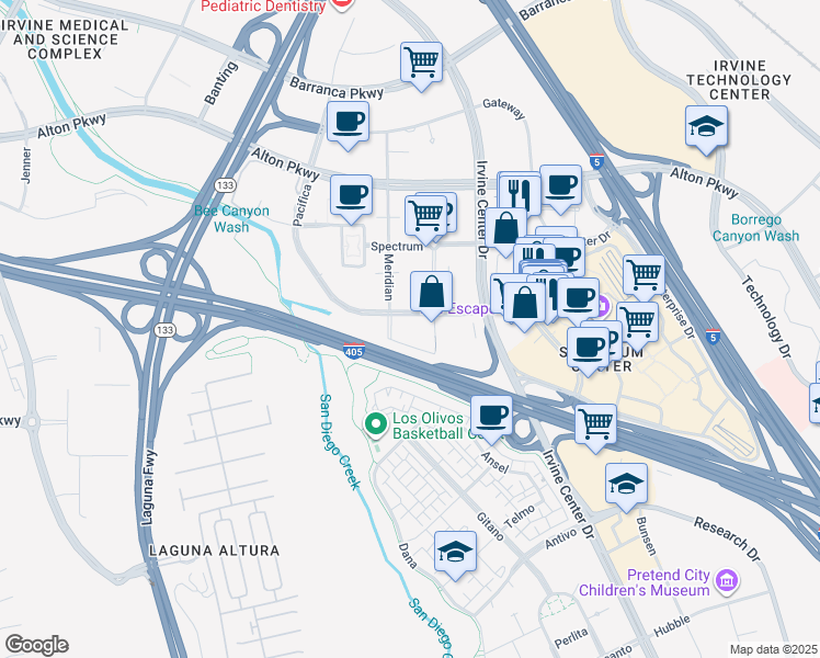 map of restaurants, bars, coffee shops, grocery stores, and more near 200 Spectrum Center Drive in Irvine