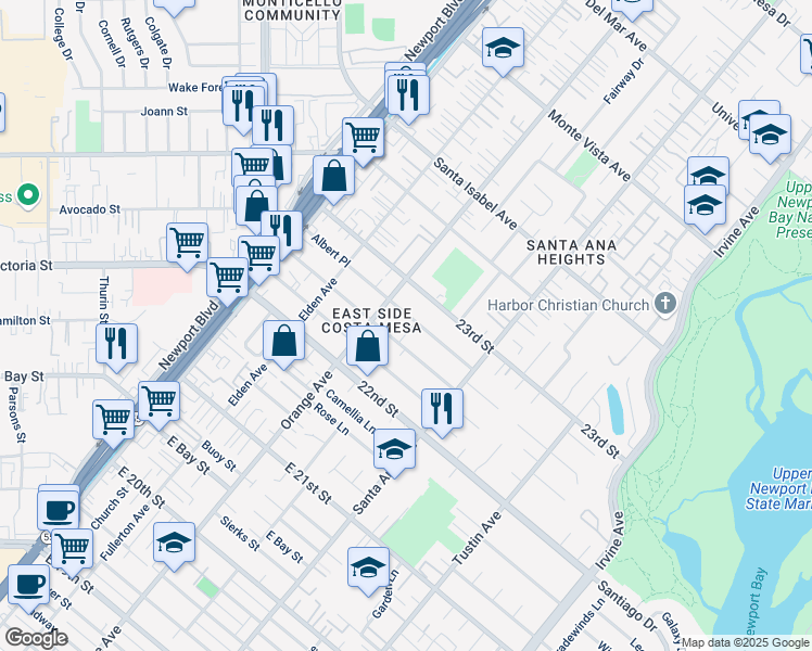 map of restaurants, bars, coffee shops, grocery stores, and more near 230 Albert Place in Costa Mesa