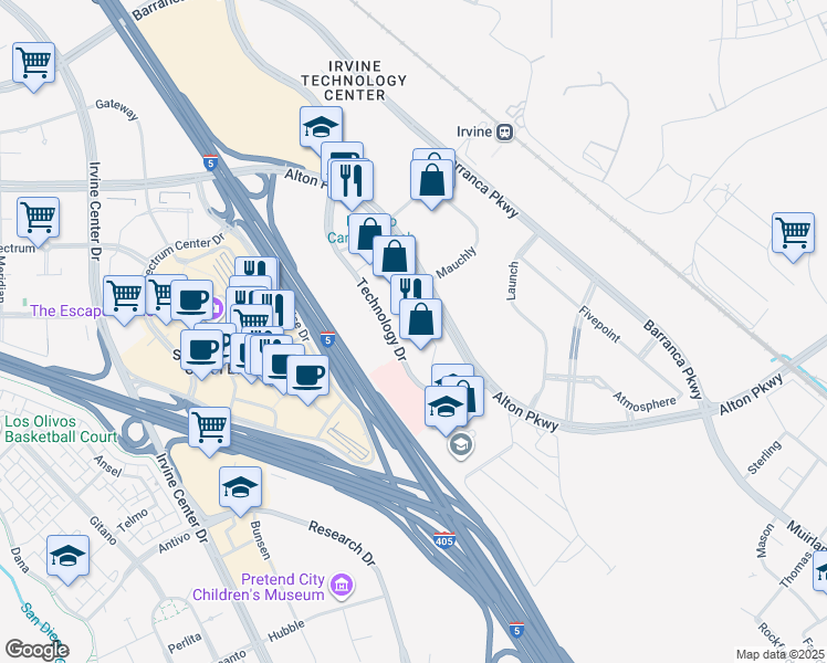 map of restaurants, bars, coffee shops, grocery stores, and more near 16 Technology Drive in Irvine